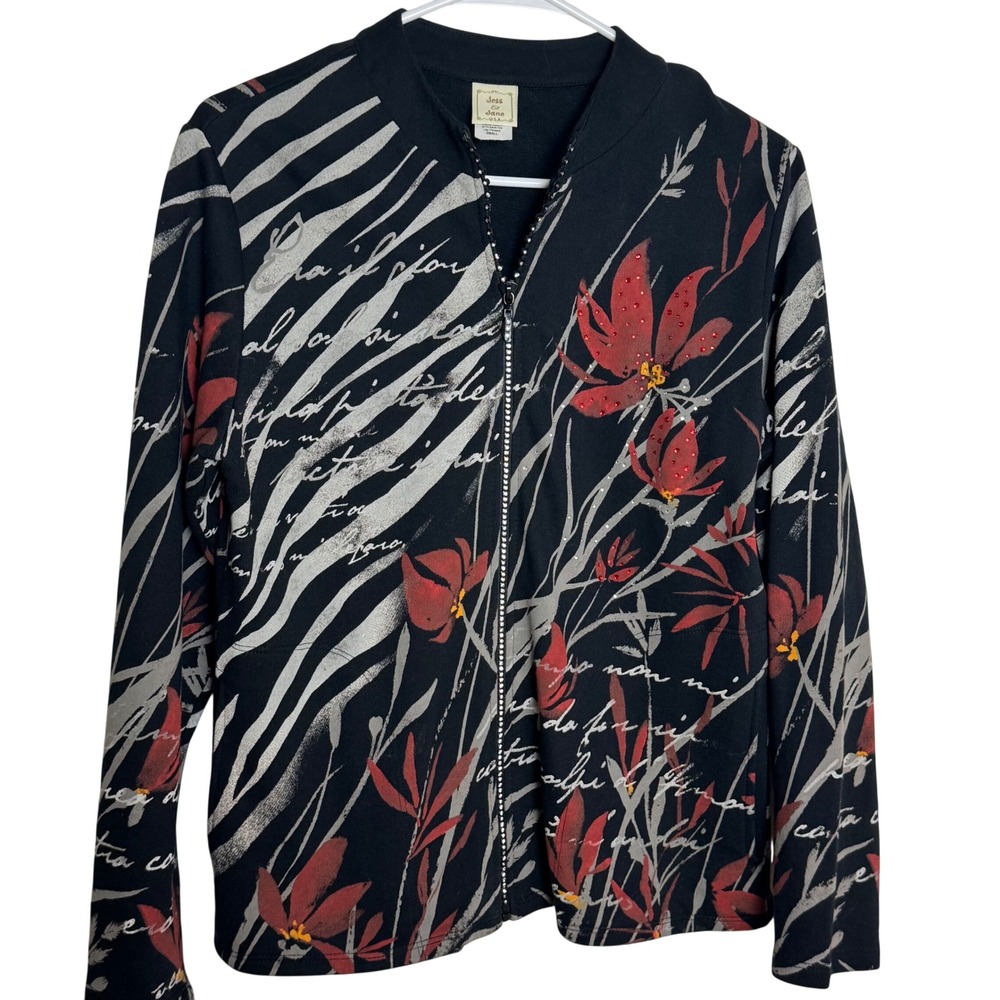 Jess &‎ Jane Lily Flowers Jacket Women's Small Black Floral Zip Up Cotton USA